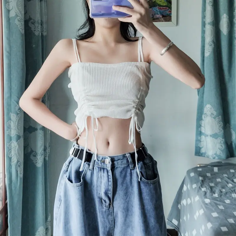 

New Korean style sexy knitted inner short Hyuna camisole for women 2024 new summer outer wear thin drawstring top camisole y2k