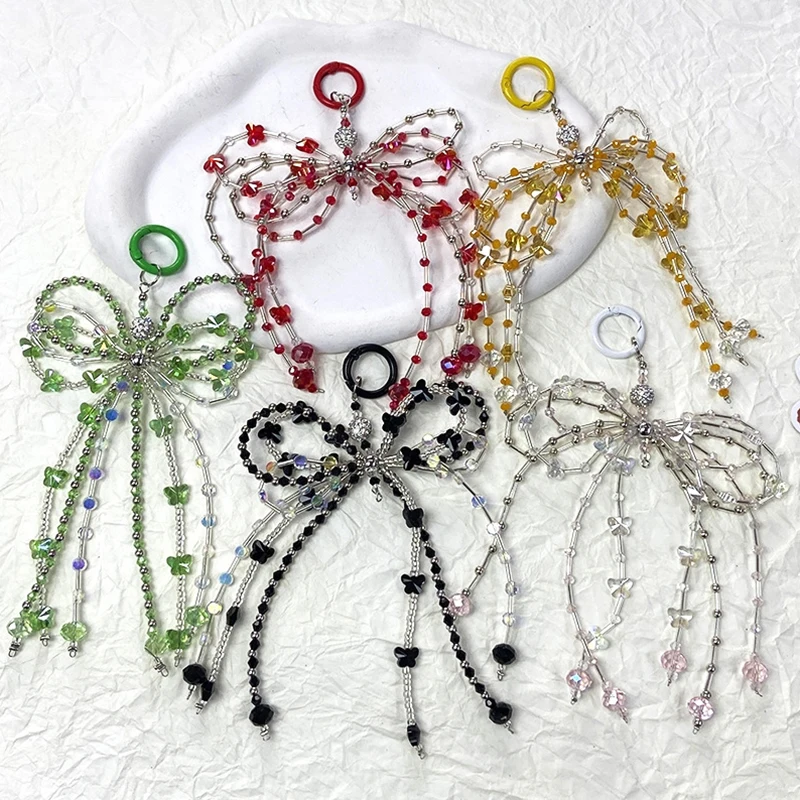 Y2k Glitter Bling Bogen Perlen Schlüssel ring koreanische Bowknot Telefon kette Schlüssel bund ästhetische Schlüssel ring Tasche Anhänger Kopfhörer Kamera Charms