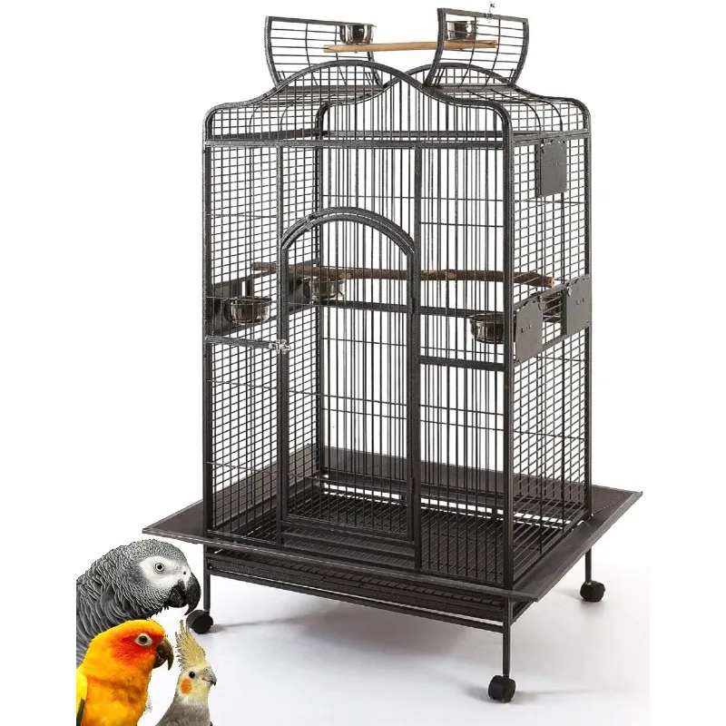 2-Size/2-Color,Extra Large Wrought Iron Open/Close Dome Play Top Bird Parrot Cage,Metal Seed Guard Solid Metal Feeder Nest Doors