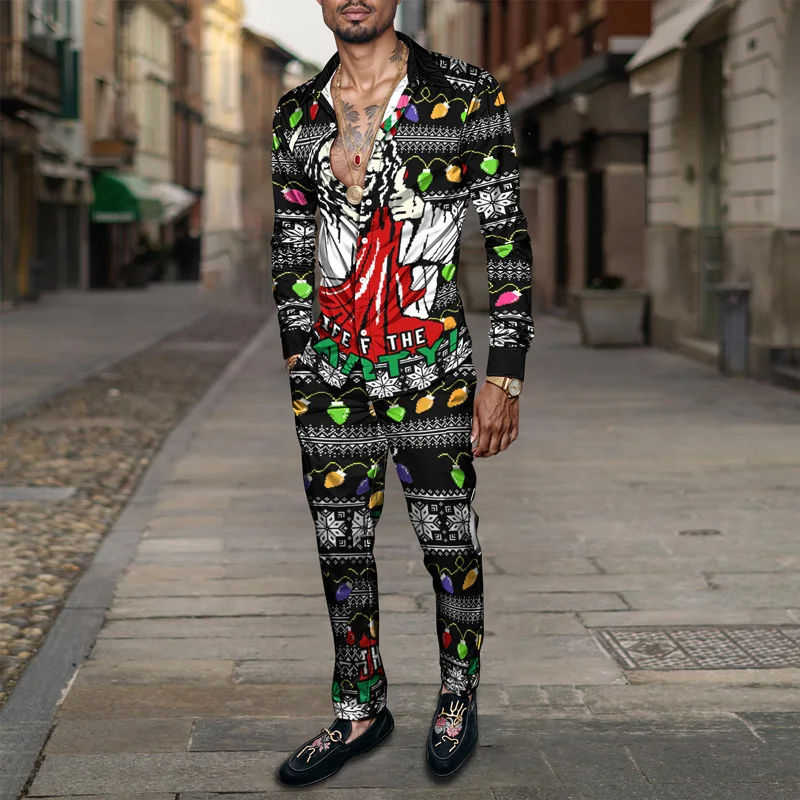 Christmas Printed Men's Shirt Set Two Piece Gingerbread Snowman_voghion.com