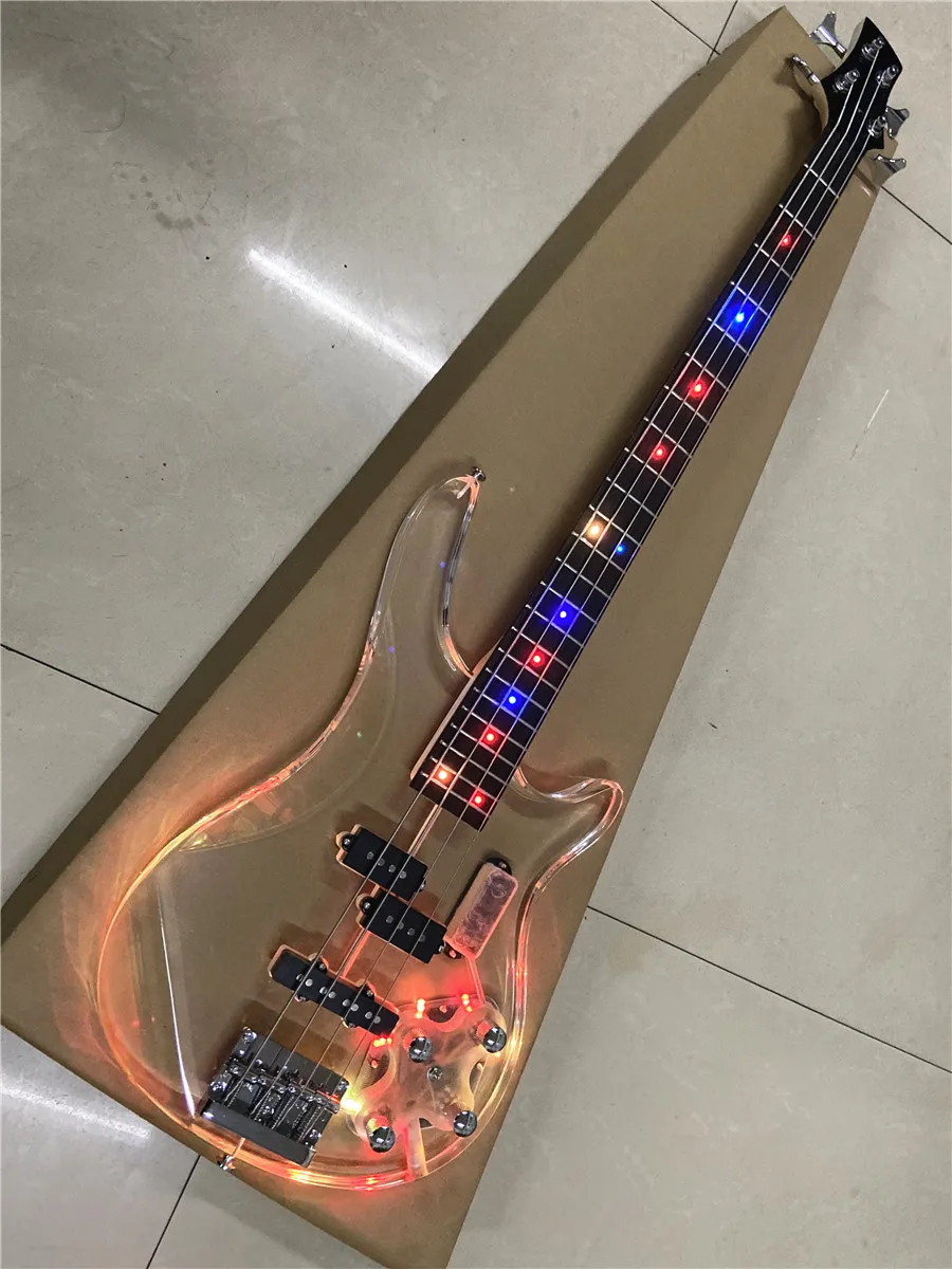 High quality acrylic crystal transparent Plexiglass 4 string electric bass color led lights Free shipping