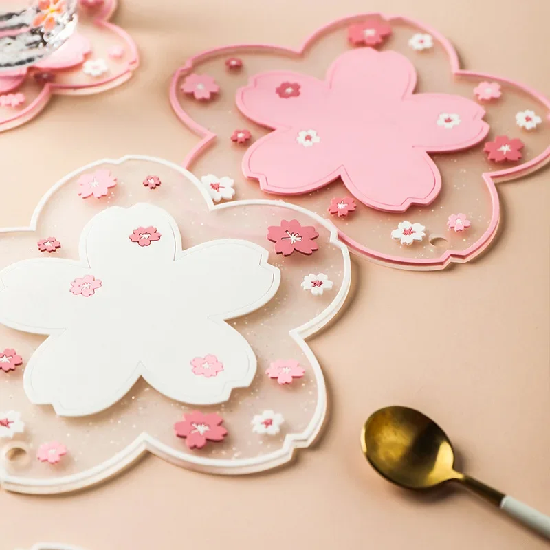 Mouse Pad Coaster Craft Cutting Mat Office Supplies Set Kawaii Cherry Blossom Desk Mat Coffee Cup Coaster Heat Insulation Table Mat For Tea Milk Mug Home Decors Office Desk Organizer