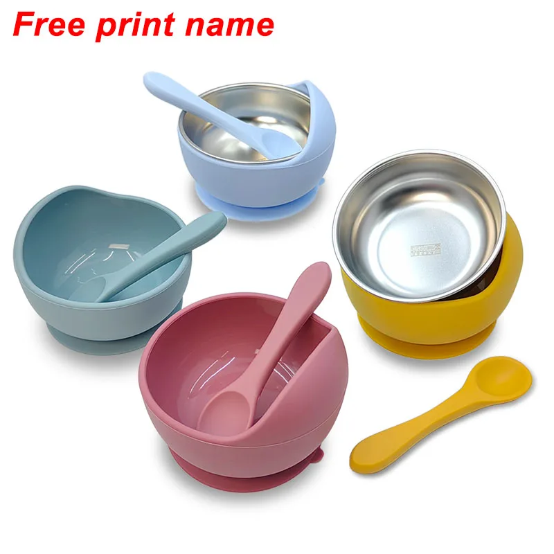 3Pcs Set Baby Feeding Bowl Spoon Stainless Steel Bowl Personalized Name Tableware For Kids Suction Cup Baby Supply baby tableware set,children feeding tray