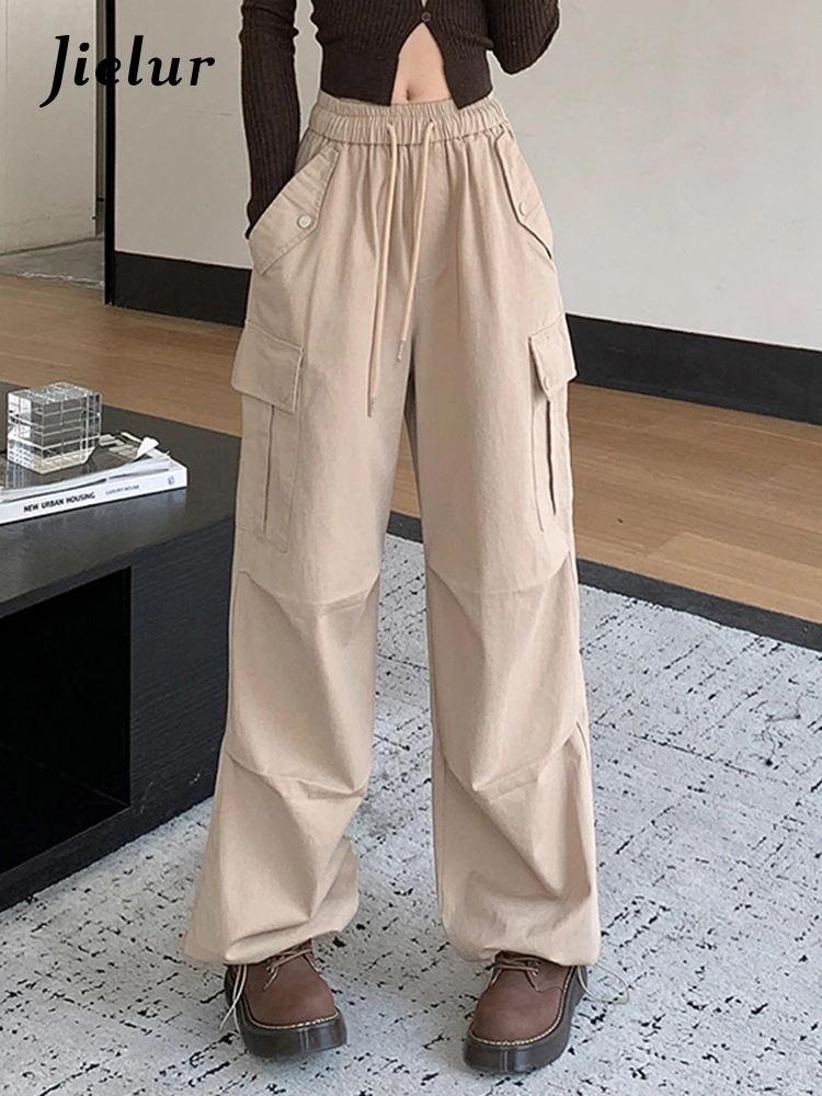 Jielur Khaki Slim American Female Cargo Pants Winter New High Waist Lace-up Pockets Solid Color Casual Sport Chic Women's Pants