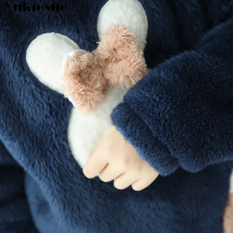 New Autumn Winter Women Flannel Pajamas Set Bear Hooded Pajamas Sleepwear Coral Fleece Thickened Warm Pyjamas Home Clothing