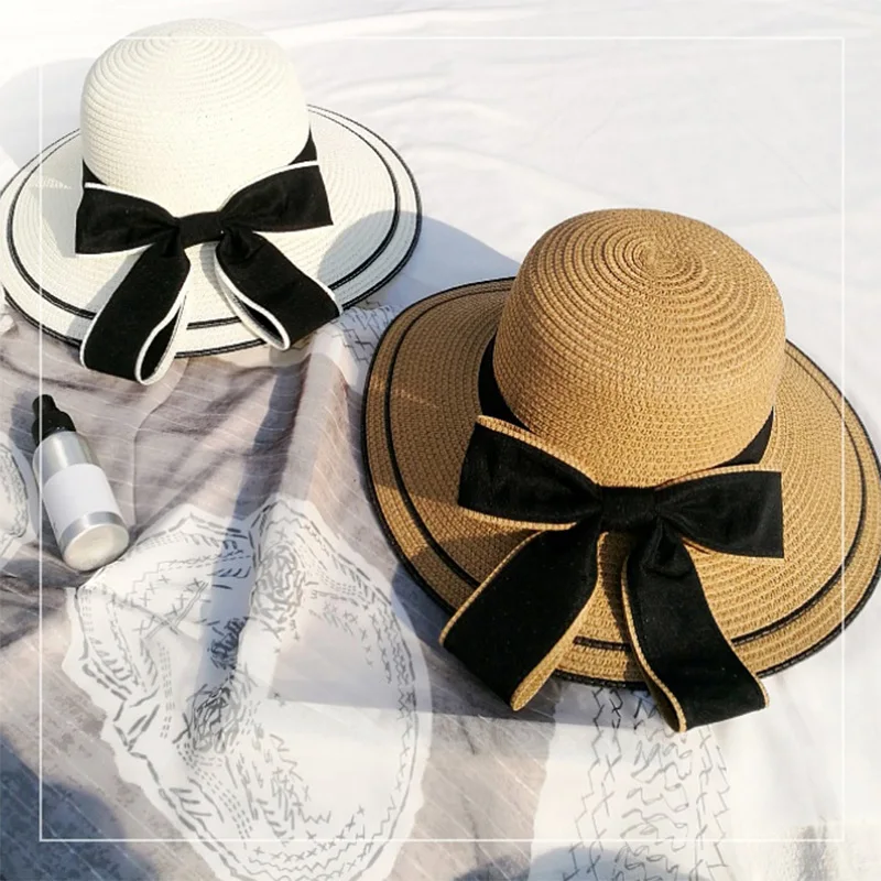 Cappello Panama da donna in paglia con tesa larga, protezione solare e fiocco alla moda, per l'estate all'aperto H65  200000297