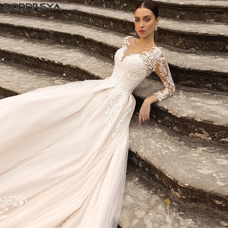 RODDRSYA Lace Long Sleeves Weeding Dress Vintage Backless Button Tulle A-Line Bridal Gown Appliques Vestido De Novia Custom Made 4