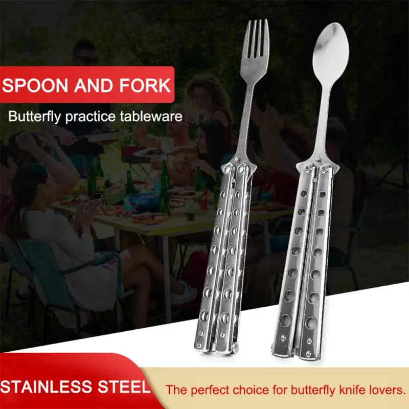 Metal Folding Balisong Trainer Spoon Fork Butterfly Knife Game Safety Practice Trainer Survival Camping Tableware Accessories