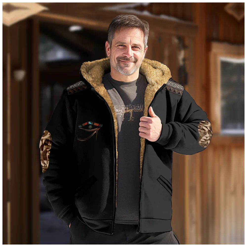 New Creative Pattern Hooded Sweater with Casual Printing Long Sleeve Zipper Sweater Thick Cotton Coat Winter