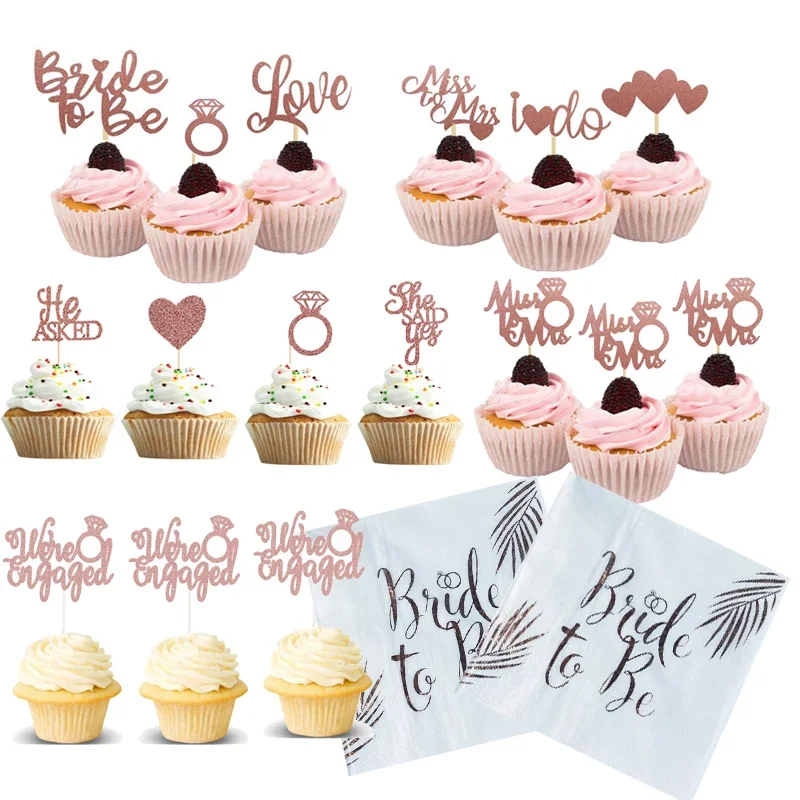 

8/12 Pcs Rose Gold "Bride To Be" Miss to Mrs Diamond Ring Cake Topper Confetti Napkin Wedding Hen Party Bridal Shower Decor