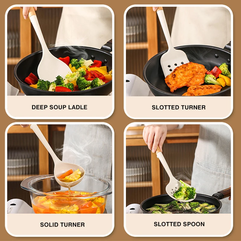 Silicone Kitchen Cooking Utensils Set Hardwood Handle Heat Resistant Tool Non-stick Turner Slotted Spoon Spatula Kit
