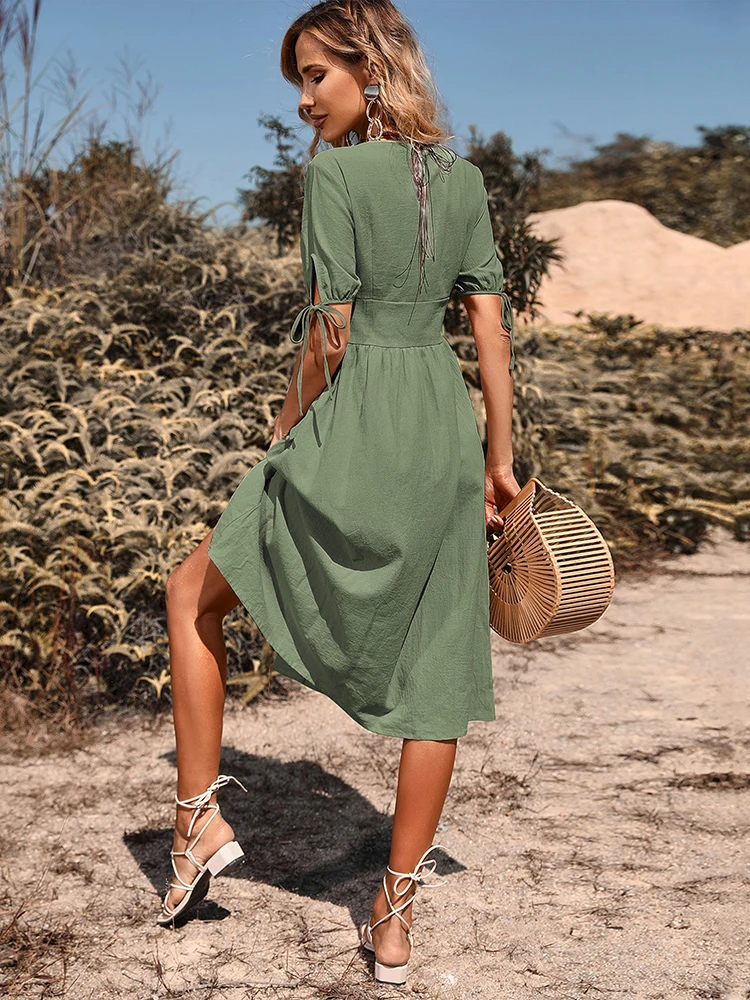 Women's V-Neck Button Down Floral Midi Dress – Short Sleeve With Lace Trim & Side Pockets