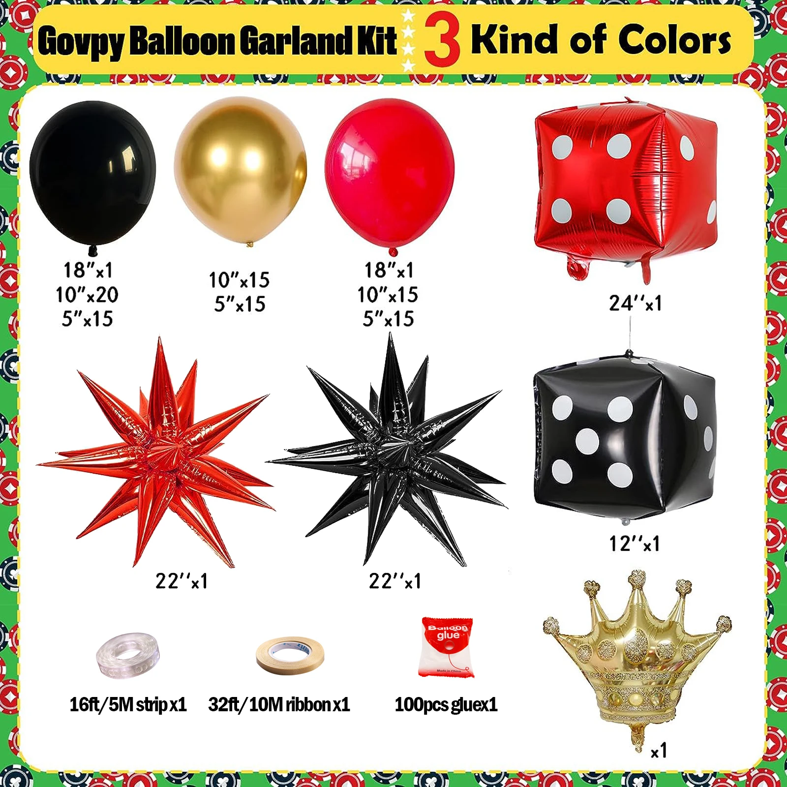 Dice Balloon Set for Casino Decoração, Casino Tema, Crown, Starburst Balão, Birthday Parties