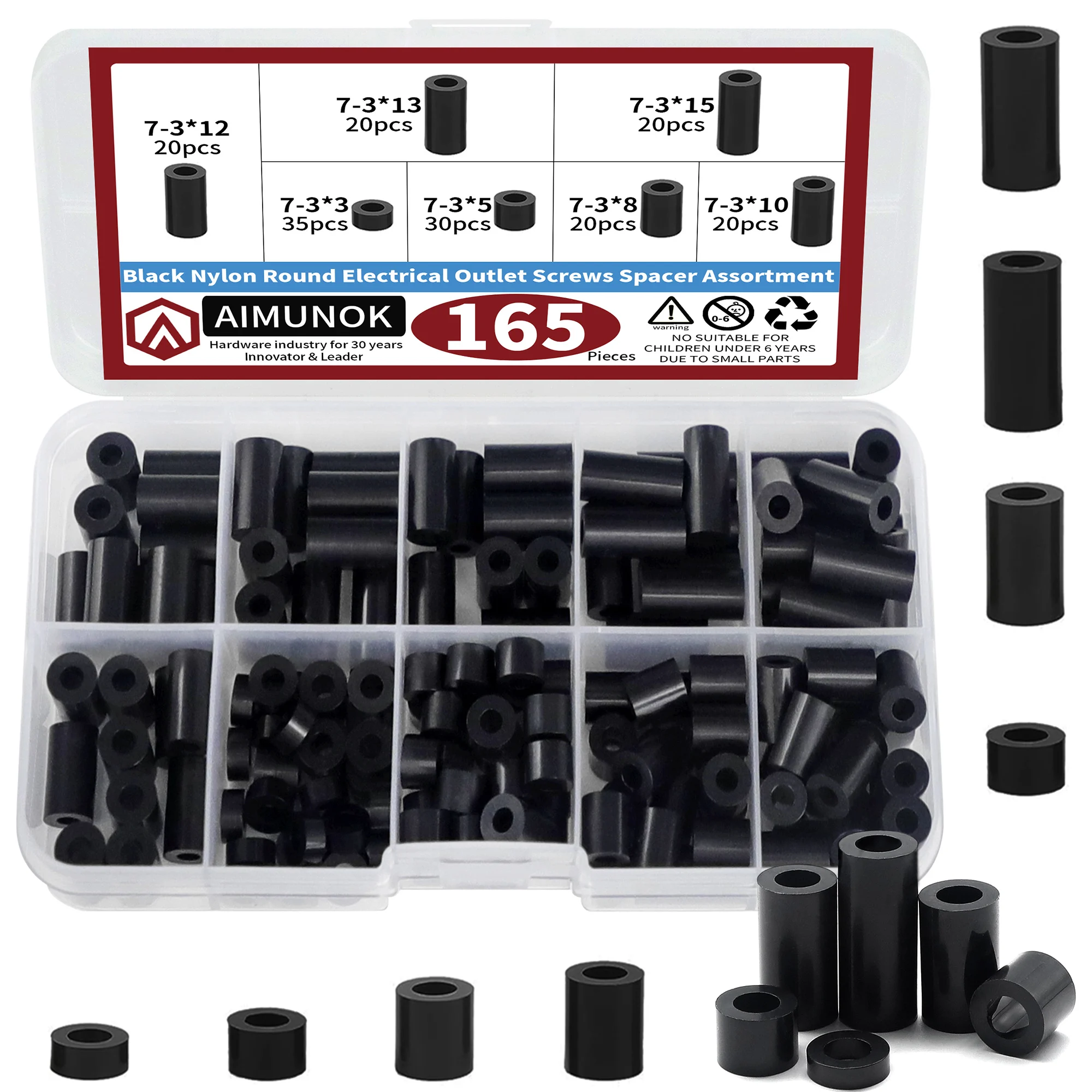 Assortiment d'entretoises rondes nylon noir M6 pour montage de circuits, kit bricolage électrique.