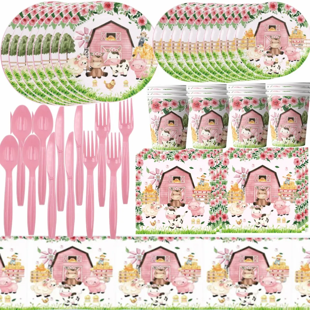 farm party decoration happy birthday party favors cartoon farm animals wall hanging bunting banner baby shower party supplies Pink Farm Birthday Party Decorations Kid Favor Balloon Banner Tablecloth Tableware Set Baby Shower Animal For Kid Party Supplies