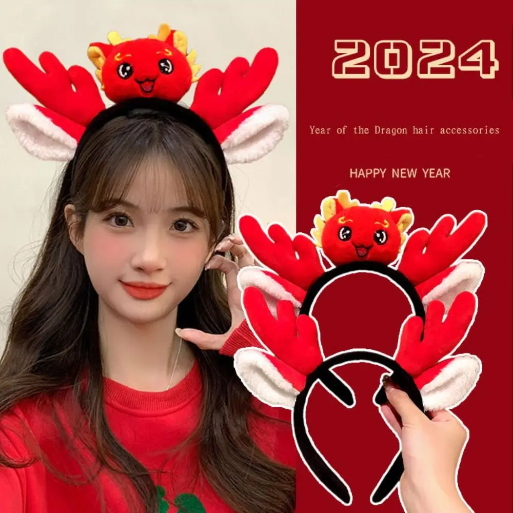 2024 New Year Cartoon Dragon Bowknot Hair Hoop Animal Letter Headband Plastic Plush Dragon Horn Hairbands Hair Accessories hc r075 plastic animal medical anatomical veterinary teaching model