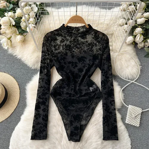 Jumpsuits for Women 2023 Lace O-neck Gauze Sheer Slim Rompers Female Korean Style Embroidery Sexy Bodysuit Summer Dropshipping