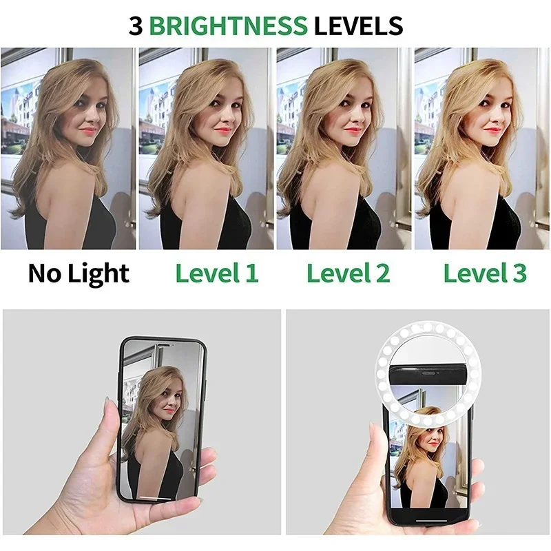 링 라이트 전화 셀카 스틱 LED 클립 온 충전식 라운드 램프 스마트 폰 노트북 IPad IPone 용 라이브 스트림