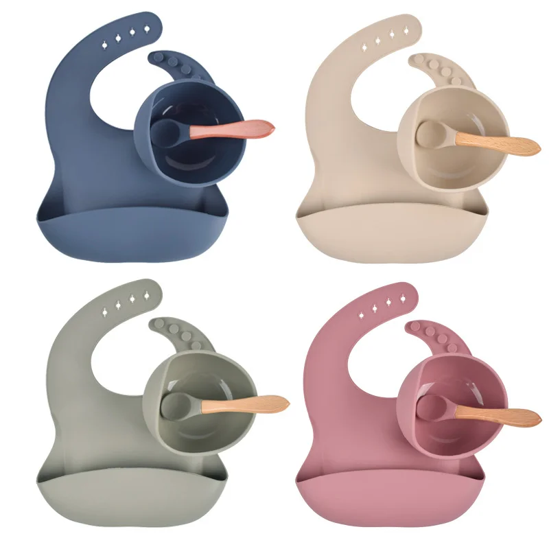 

Baby Silicone Bowl Bibs Set Non-slip Children's Suction Plate Wooden Handle Silicone Spoon Bibs Dishes Baby Feeding Tableware