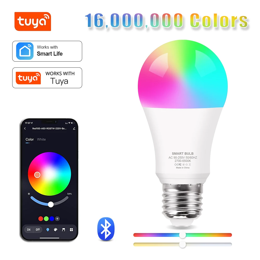 

Bluetooth Smart Bulb Tuya APP Control Dimmable 15W E27 RGB+CW+WW LED Color Change Lamp Compatible IOS/Android
