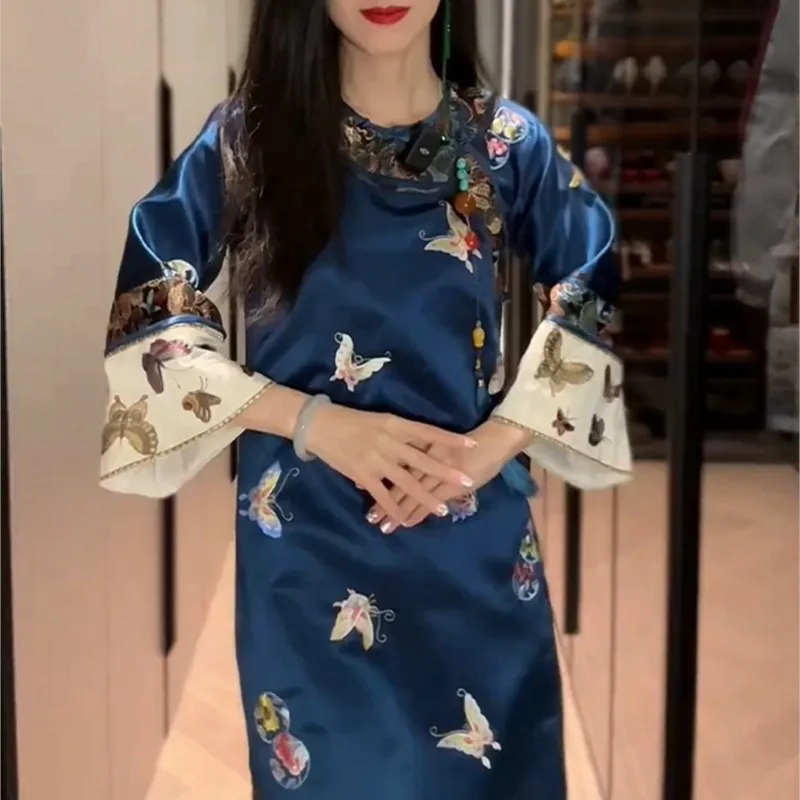 New Chinese Style Cheongsam Fashionable Elegant Blue Bottoming Dress for Women