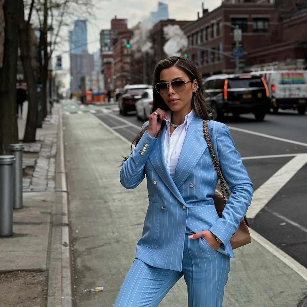 Blue Pinstripe Women Suits Double Breasted Slim Fit 2 Piece Jacket Pants Sets Elegant Female Clothing 2 Piece Jacket Pants Sets 2