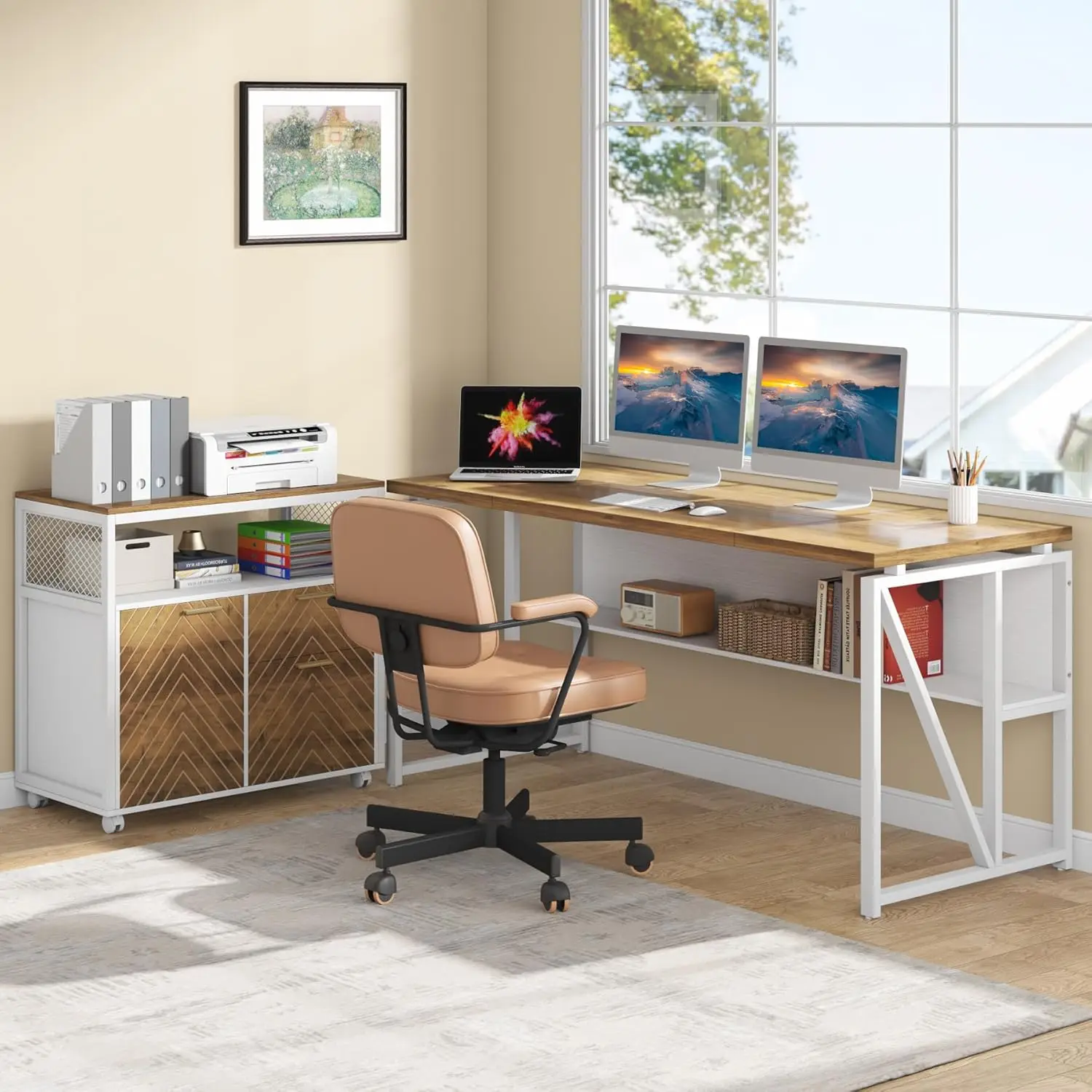 L Shaped Desk with Drawer Cabinet, 63" Executive Computer Desk and lateral File Cabinet, 2 Piece Home Office Furniture