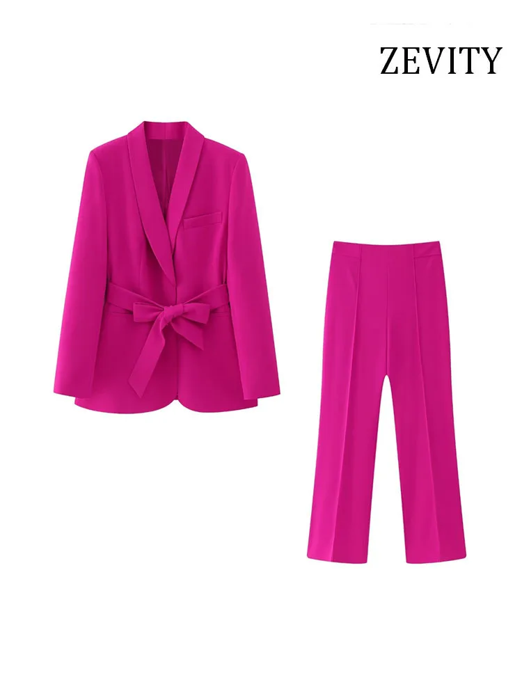 

ZEVITY Women Fashion With Belt Front Hidden Button Blazer Coat And High Waist Side Zipper Pants Female Two Piece Sets Mujer SET9