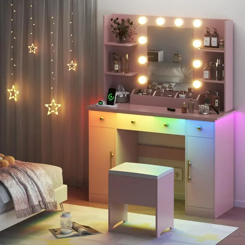 Dressing Table, Pink Dressing Table with Charging Station and Dressing Stool, 3 Drawers and Cabinet, White Makeup Mirror With 4