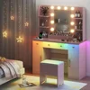 Dressing Table, Pink Dressing Table with Charging Station and Dressing Stool, 3 Drawers and Cabinet, White Makeup Mirror With 4