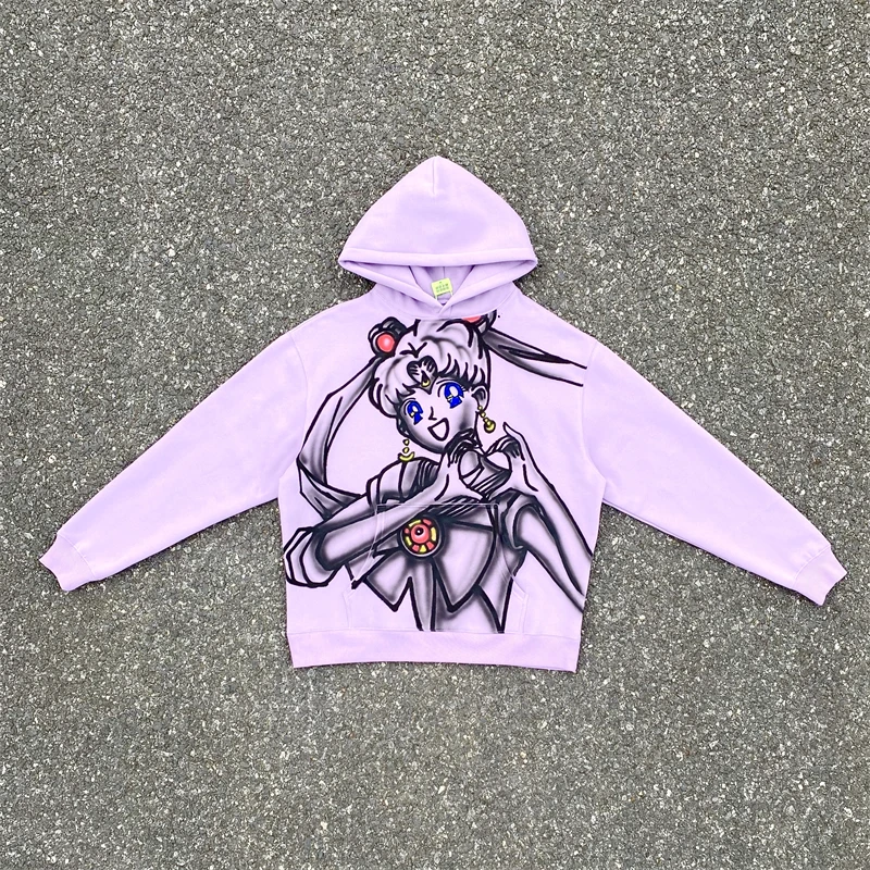 

2023 SAINT MICHAEL CHO Hand-painted Graffiti Print Beauty Girl Warrior Limited Plush Loose Hooded Sweater