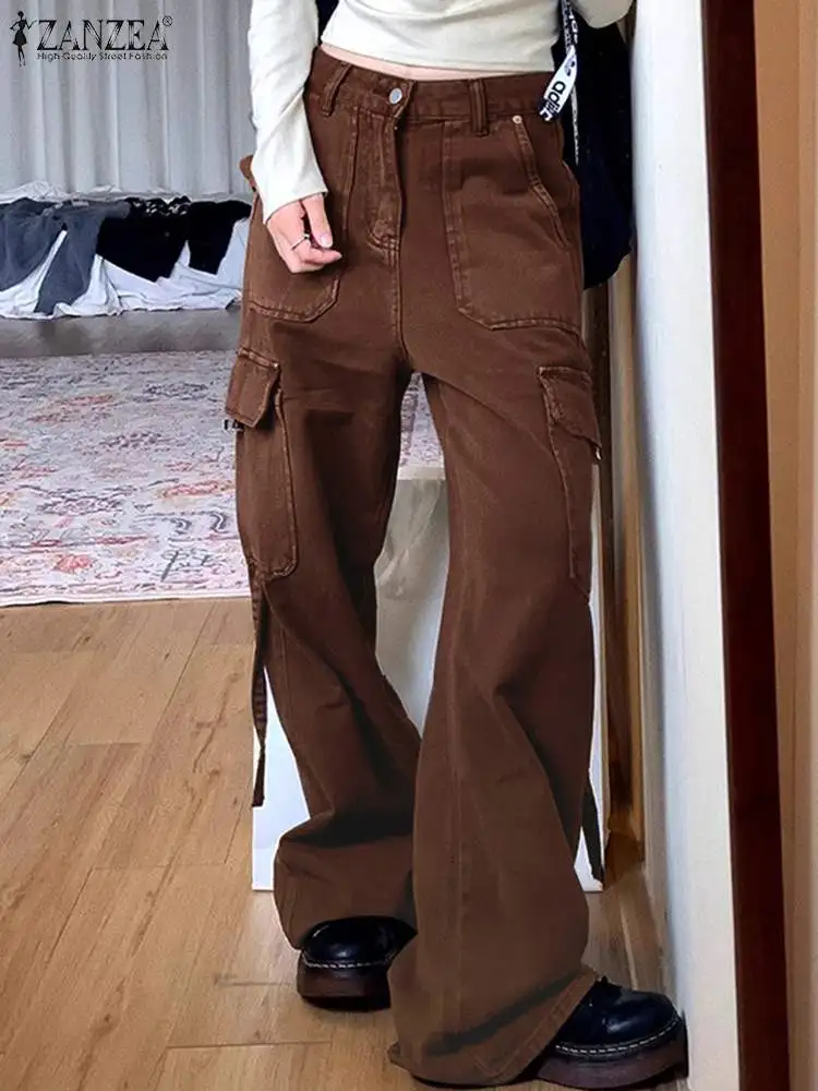 

Fashion Pockets High Waist Pantalons ZANZEA Women Cargo Long Pants Street Casual Loose Wide Leg Trousers Autumn Holiday Pants