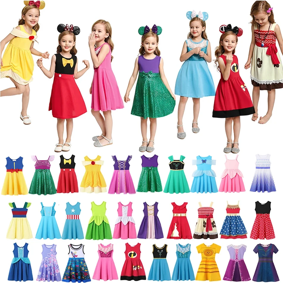 Disney Frozen Princess Dress For Girls Elsa Anna Summer Casual Clothes Rapunzel Biancaneve Belle Dress Up Birthday Party Vestido