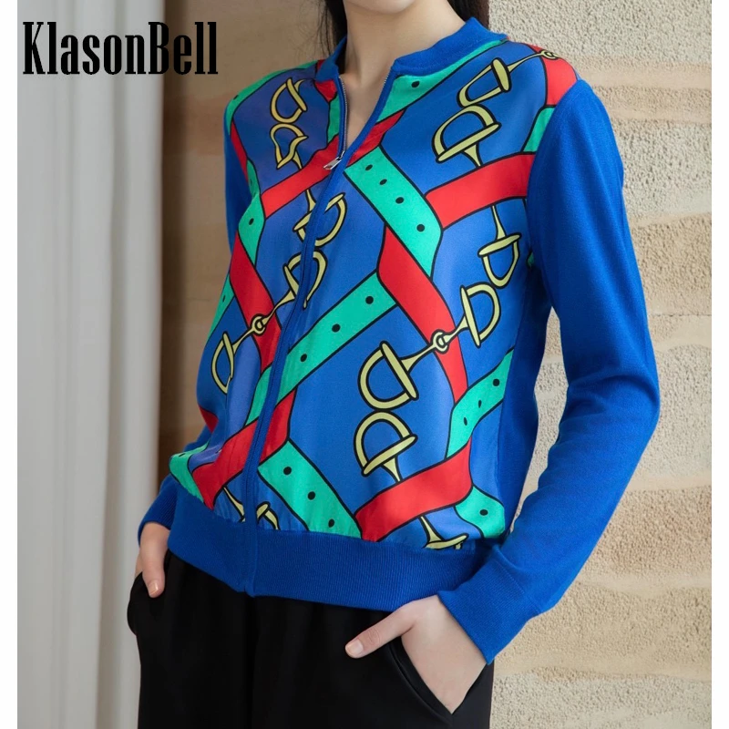 

9,26 KlasonBell, модный Шелковый кардиган с принтом, на молнии, шерстяной тонкий трикотажный кардиган для женщин
