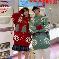 Christmas Deer Couple Sweaters Knitted Thickened Loose Lazy Style Winter Velvet Winter Warm round Neck Long Sleeve Knitwear