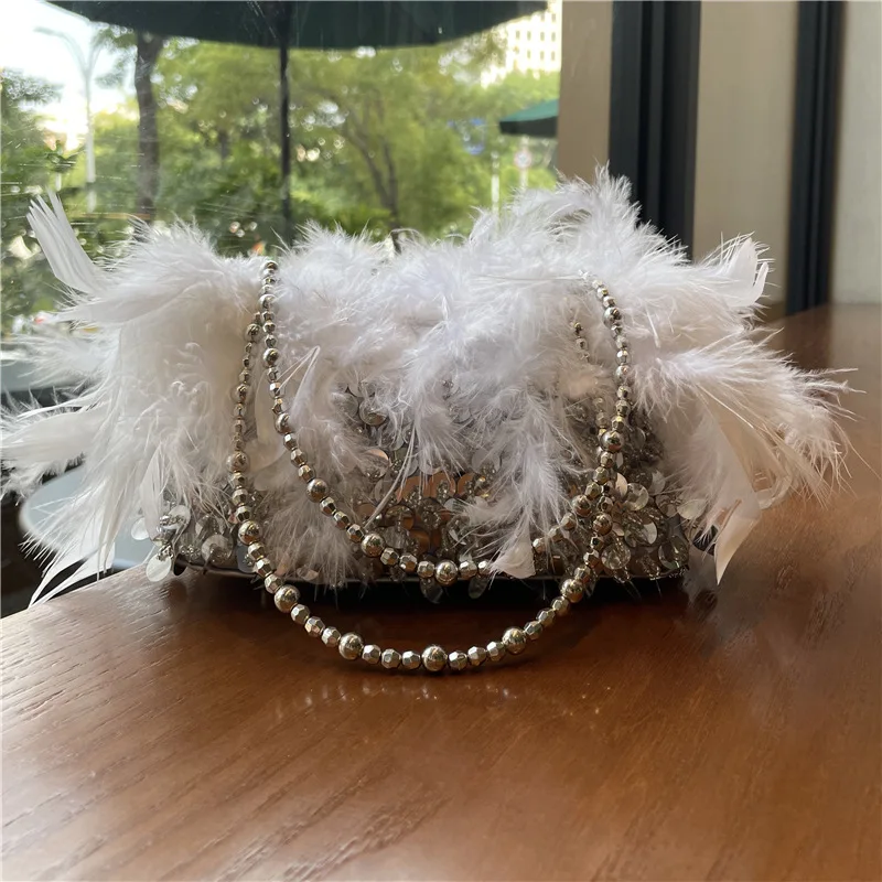 

Women's Turkey Feather Evening Clutch Bag Luxury Designer Silver Sequin Beaded Handbag Sweet Girls Party Wedding Shoulder Bag