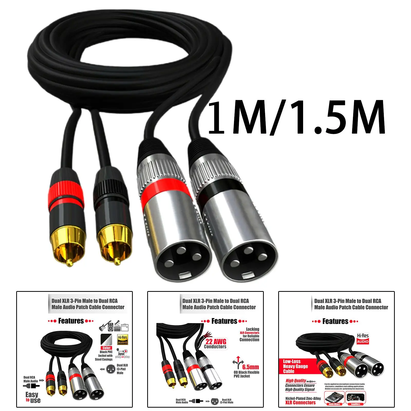 Dual RCA Male to Dual XLR Male Cable 2 RCA to 2 XLR for Speaker