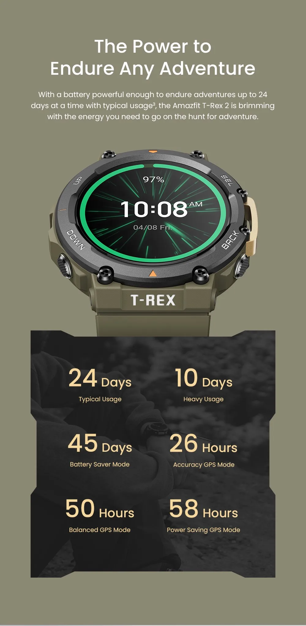 Gadgend t-rex 2 rugged outdoor gps smartwatch 24-day battery life 150+built-in sports modes smart watch for android ios