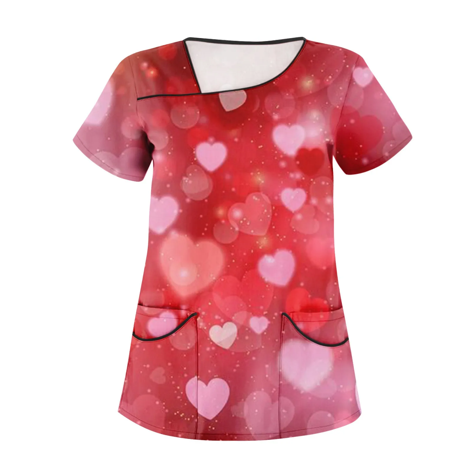 

Women's Fashion Stripe Gradient Valentine's Day Printed Short Sleeve Care Workwear With Double Pockets Top