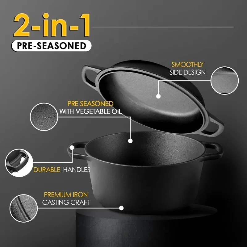 Cast Iron Dutch Oven Pot with Skillet Lid Cooking Pan Cast Iron Skillet Cookware Pan Set with Dual Handles Indoor Outdoor cast iron dutch oven
