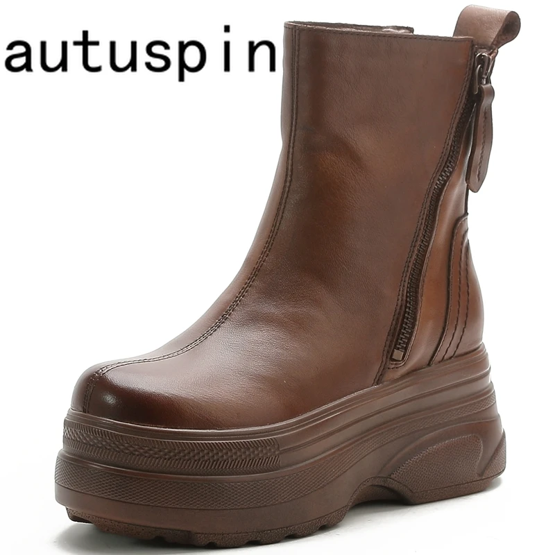 

AUTUSPIN 7cm Platform Wedge Chunky Heels Women Outdoor Street Style Rome Ankle Boots Ladies Winter Plush Warm Shoes Double Zip