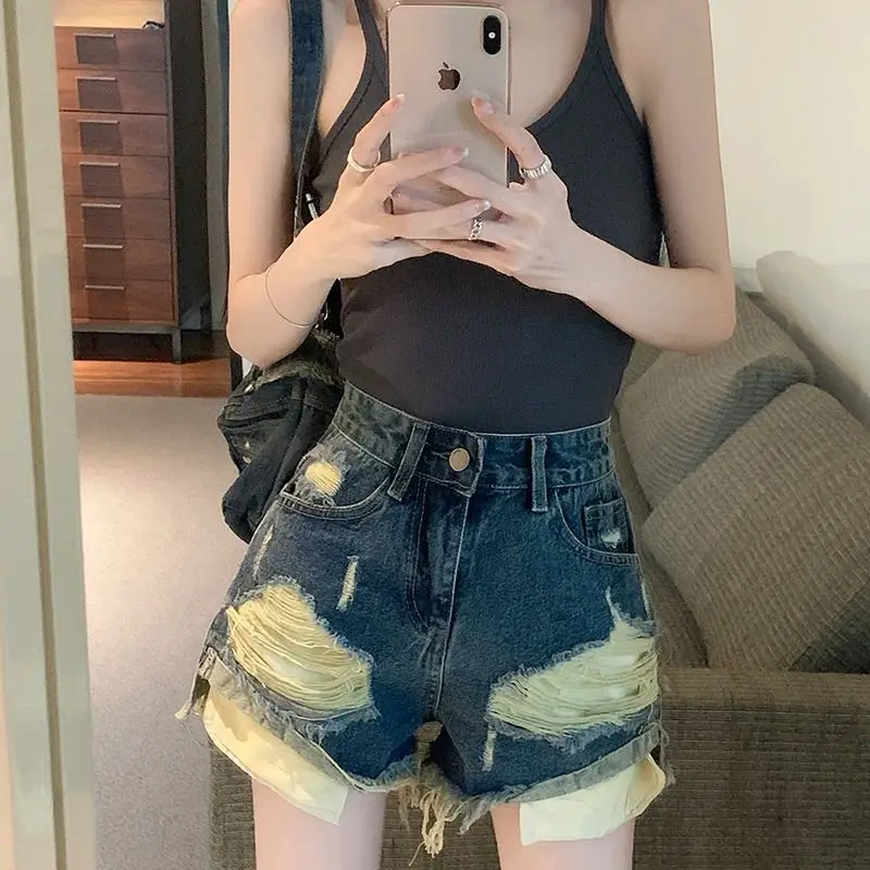 Retro Denim Shorts Female Niche Design Summer Hot Pants High Waisted Slimming Perforated Wide Leg A-line Pants