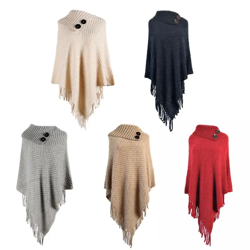 

Women Knitted Pullover Sweater Top Half Opened Collar Buttons Warm Shawl Wrap Fringe Tassels Hem Solid Color Poncho Cape N7YF