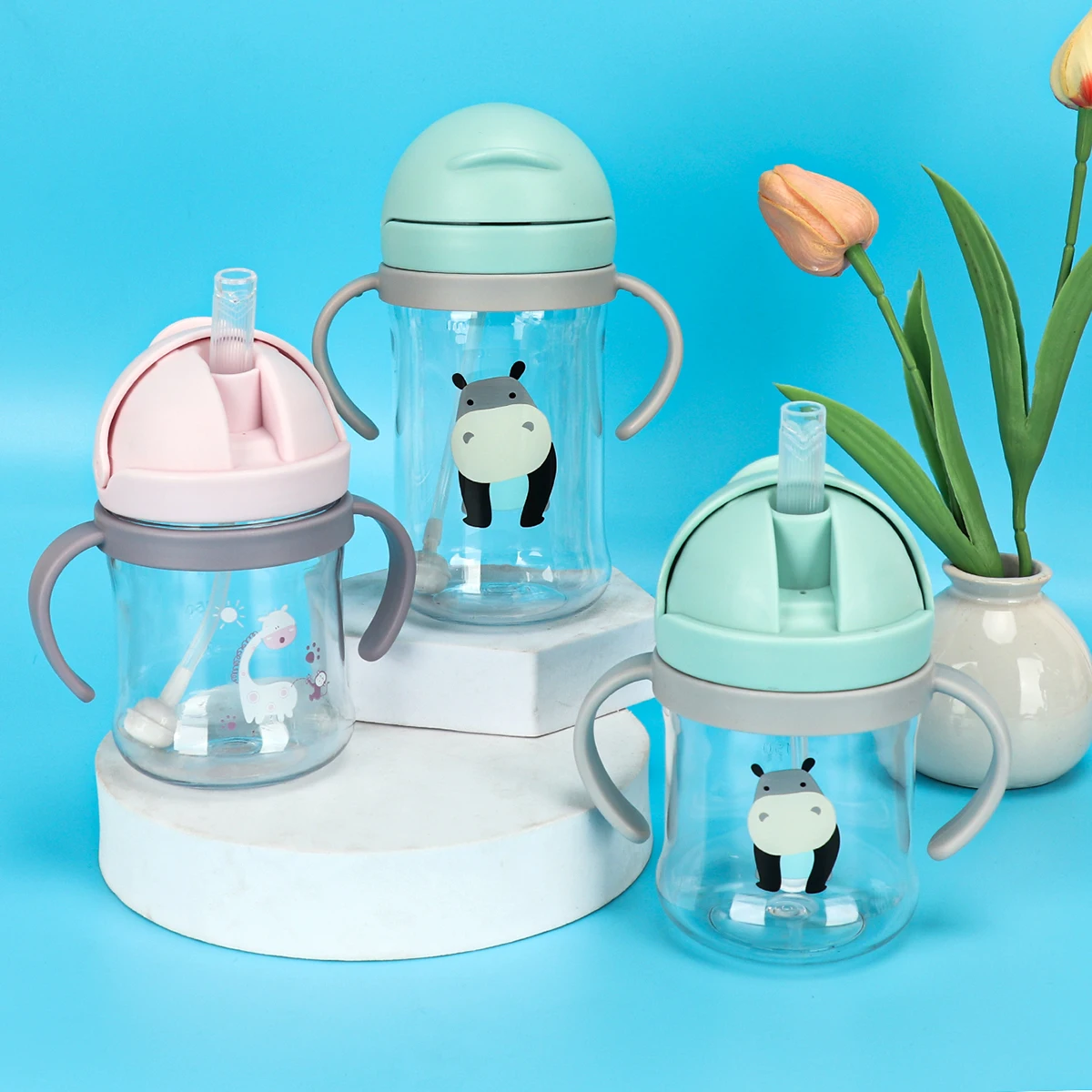 Kids Water Bottle 250ml/350ml with Straw & Anti Leak Silicone Ball, Wide Mouth Baby/Toddler Sippy Cup