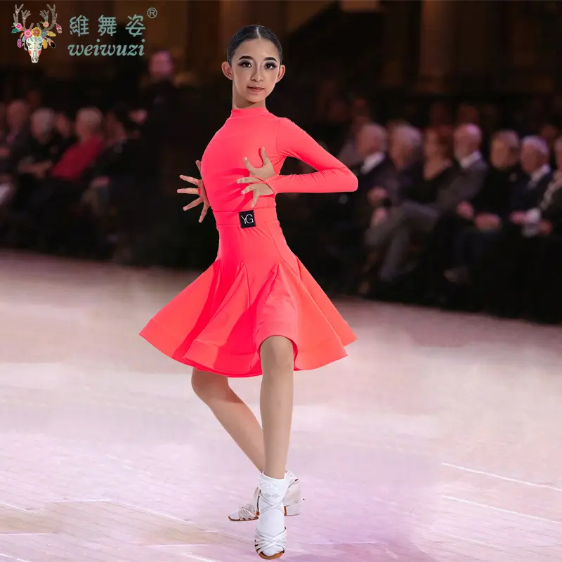 Girls Latin Dance Competition Clothing Glossy Fabric Long Sleeves Dance Dress Kids Cha Rumba Dance Practice Training Wear - Image 4