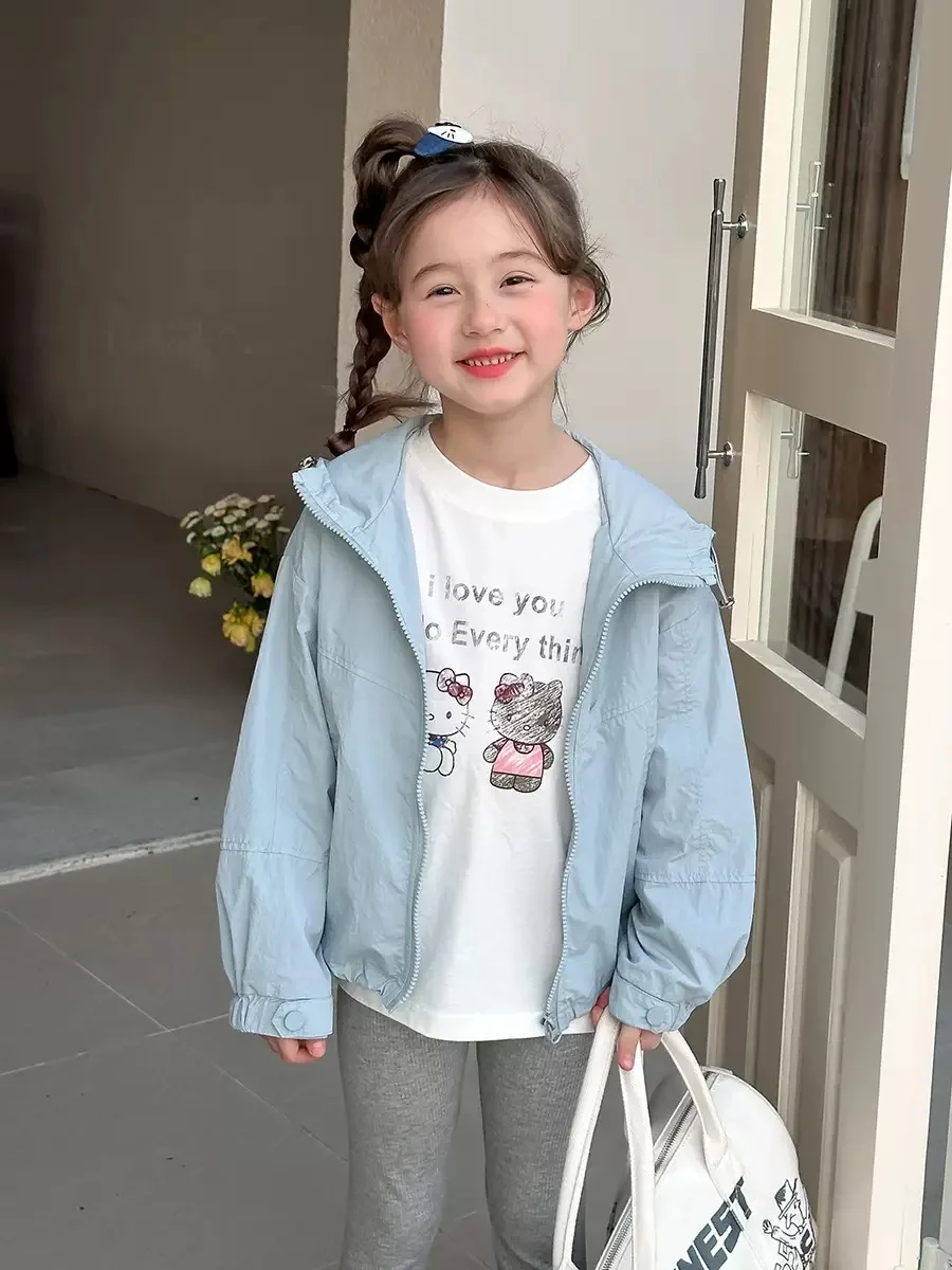 어린이용 순색 후드형 자외선 차단 의류 캐주얼 루즈핏 경량 아우터 여아용 트렌디한 한국 스타일