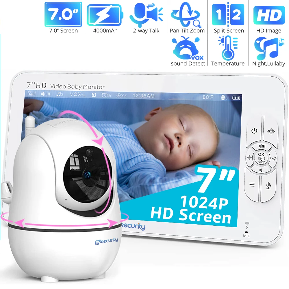 7Electronic Baby Monitor Two Cameras Split Screen 2 Way Audio Night Vision  Babyphone Camera Pan Tilt 4X Zoom Babies Video Nanny