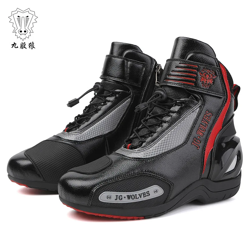 JG-Wolf Leather Motorcycle Boots Men Motos Breathable Anti Slip Wear-resistant Riders Boots Black Motorcycle Equipment