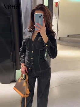 Pantaloni di jeans vintage da strada Set da donna slim a maniche lunghe con risvolto giacca monopetto pantaloni dritti 2025 abiti da donna autunnali 1