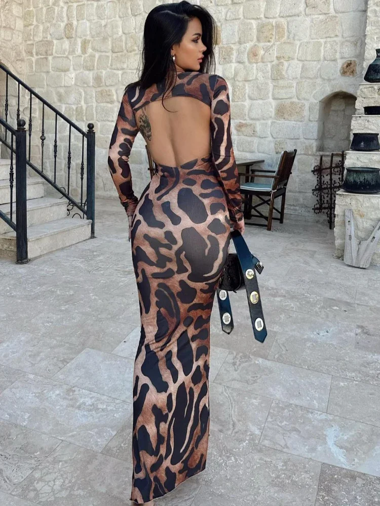 

Сексуальные Макси-платья XIZOU с леопардовым принтом и открытой спиной, новинка 2024, летнее облегающее платье с длинным рукавом, элегантное роскошное вечернее платье из искусственной кожи